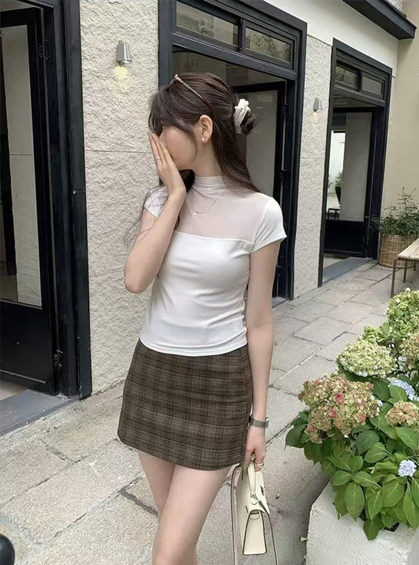 シアー切替ハイネックトップス