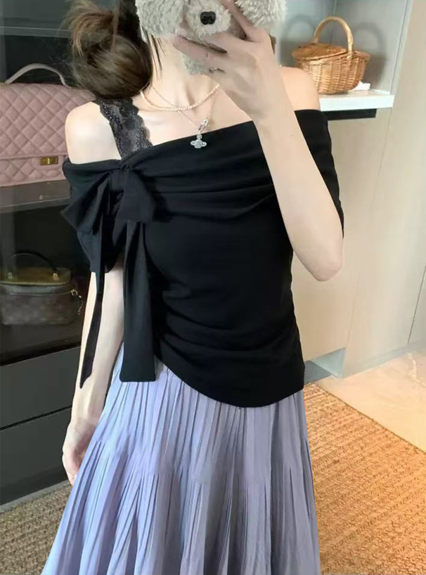 アシンメトリーリボンオフショルダートップス