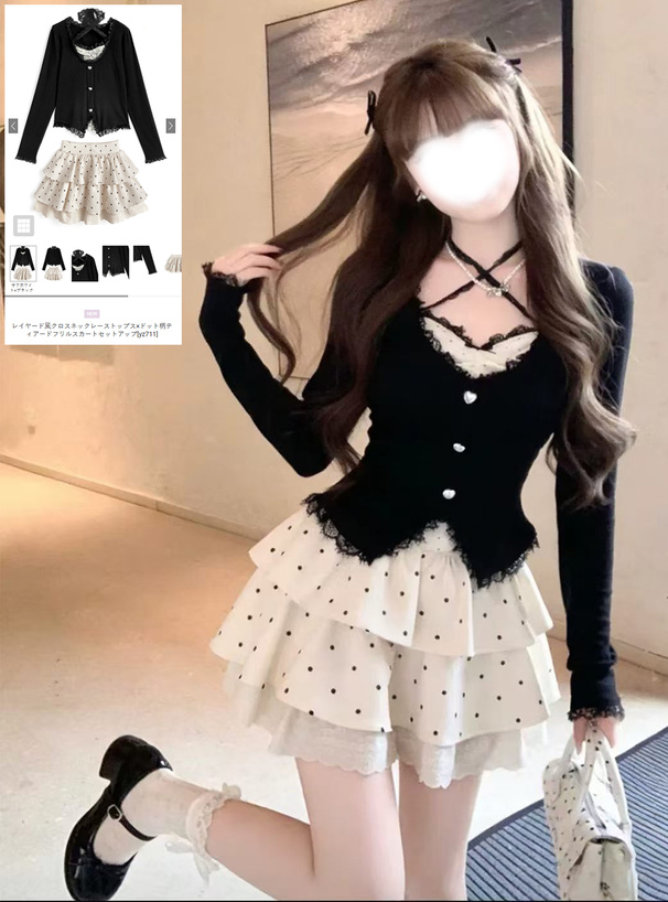 レイヤード風クロスネックレーストップス×ドット柄ティアードフリル