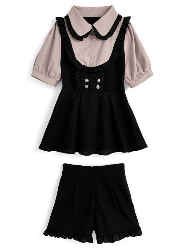 レイヤード風チュニック×フリルパンツセットアップ