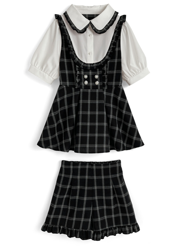 チェック柄レイヤード風チュニック×フリルパンツセットアップ[za009a]
