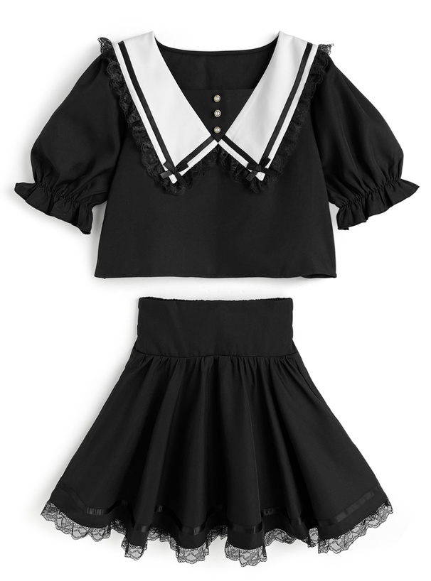 レースリボンカラーブラウス×レースミニスカートセットアップ