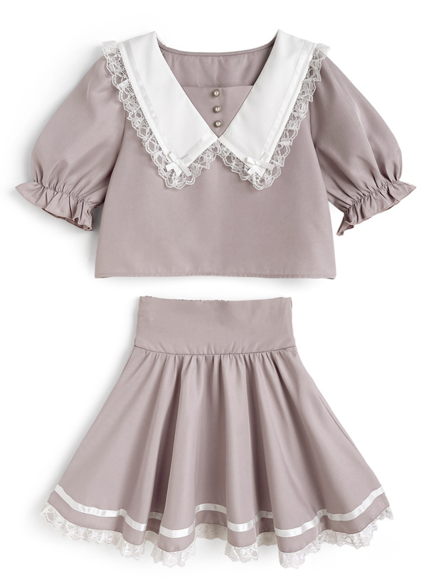 レースリボンカラーブラウス×レースミニスカートセットアップ