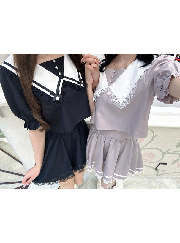 レースリボンカラーブラウス×レースミニスカートセットアップ