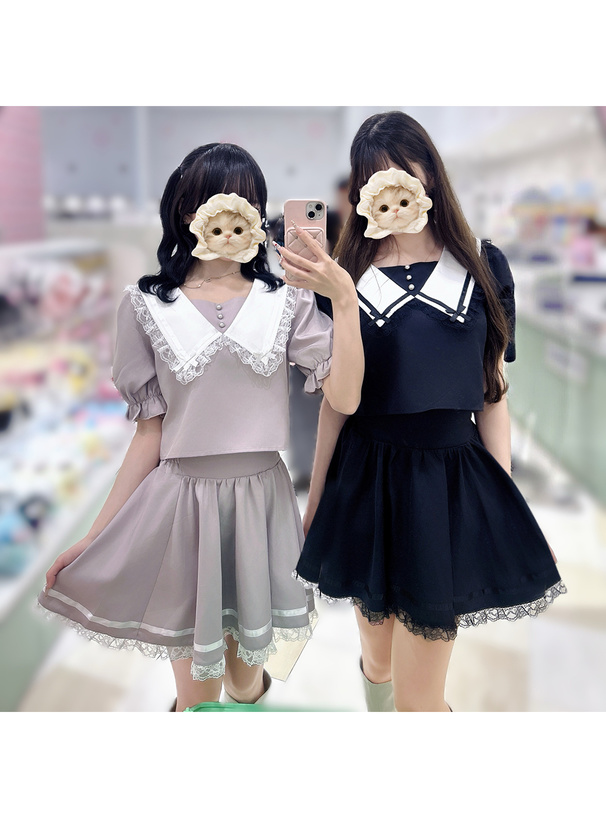 レースリボンカラーブラウス×レースミニスカートセットアップ