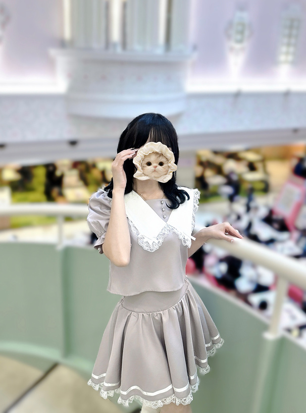 レースリボンカラーブラウス×レースミニスカートセットアップ