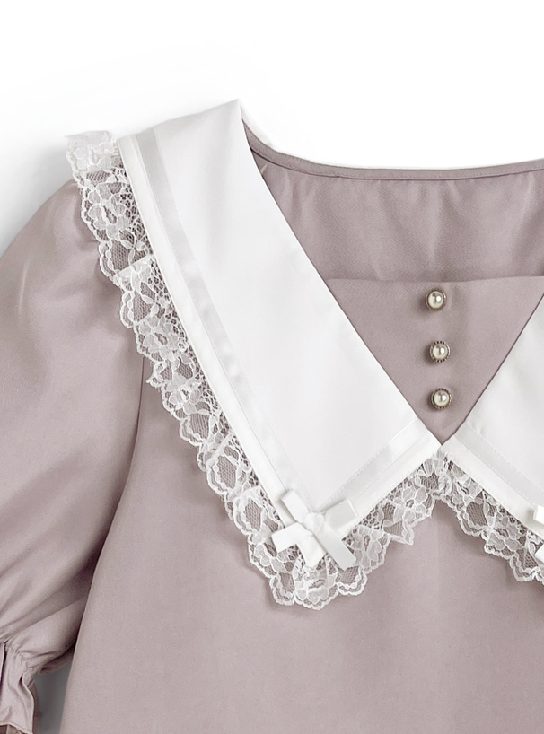 レースリボンカラーブラウス×レースミニスカートセットアップ