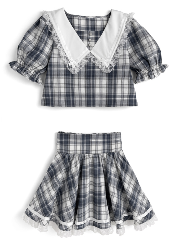 チェック柄レースリボンカラーブラウス×レースミニスカートセットアップ