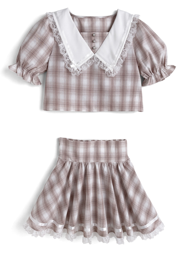 チェック柄レースリボンカラーブラウス×レースミニスカートセットアップ