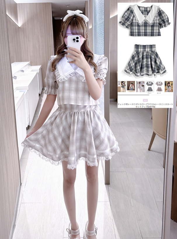 チェック柄レースリボンカラーブラウス×レースミニスカートセットアップ