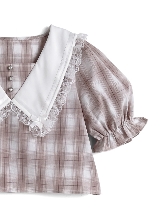 チェック柄レースリボンカラーブラウス×レースミニスカートセットアップ