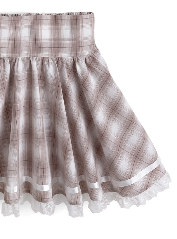 チェック柄レースリボンカラーブラウス×レースミニスカートセットアップ