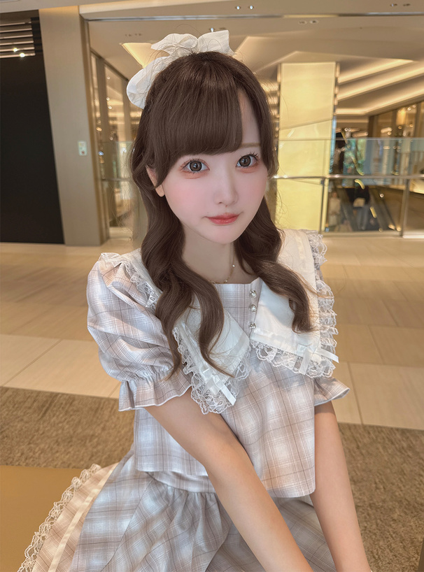 チェック柄レースリボンカラーブラウス×レースミニスカートセットアップ