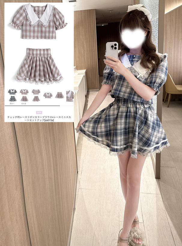 チェック柄レースリボンカラーブラウス×レースミニスカートセットアップ