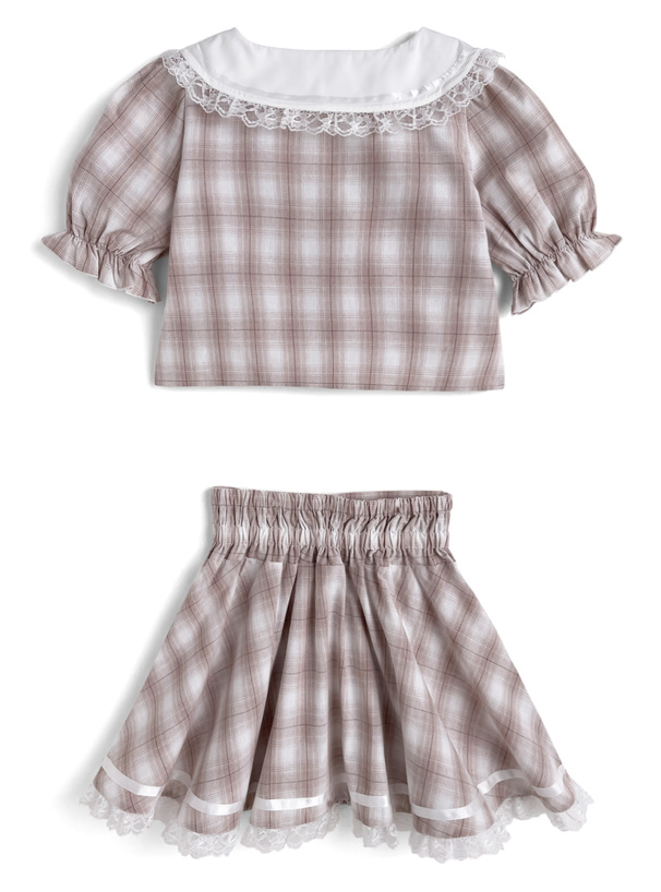 チェック柄レースリボンカラーブラウス×レースミニスカートセットアップ