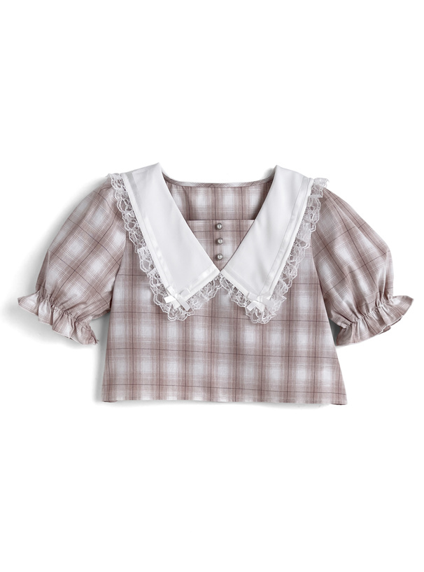 チェック柄レースリボンカラーブラウス×レースミニスカートセットアップ