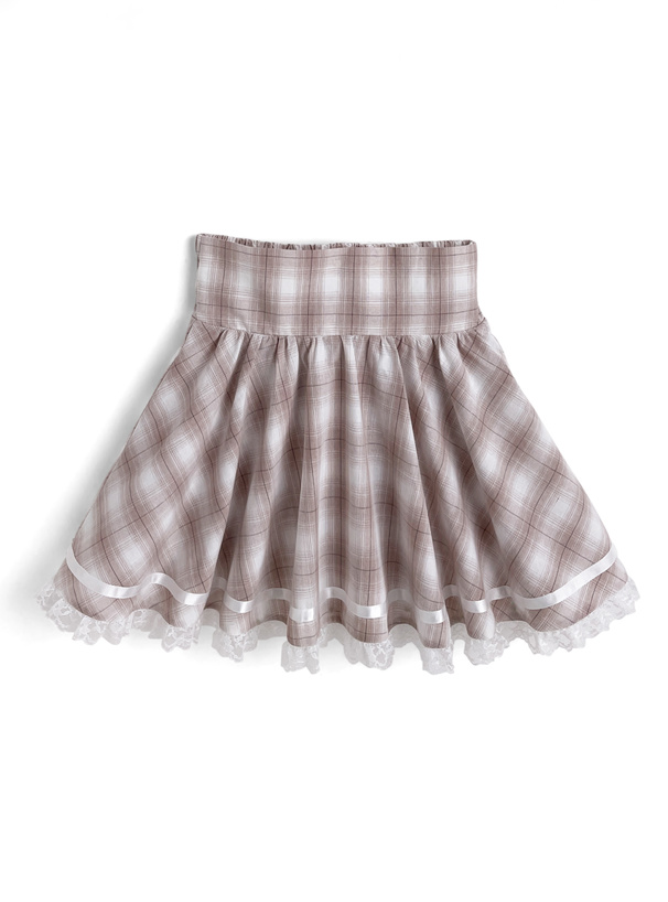 チェック柄レースリボンカラーブラウス×レースミニスカートセットアップ