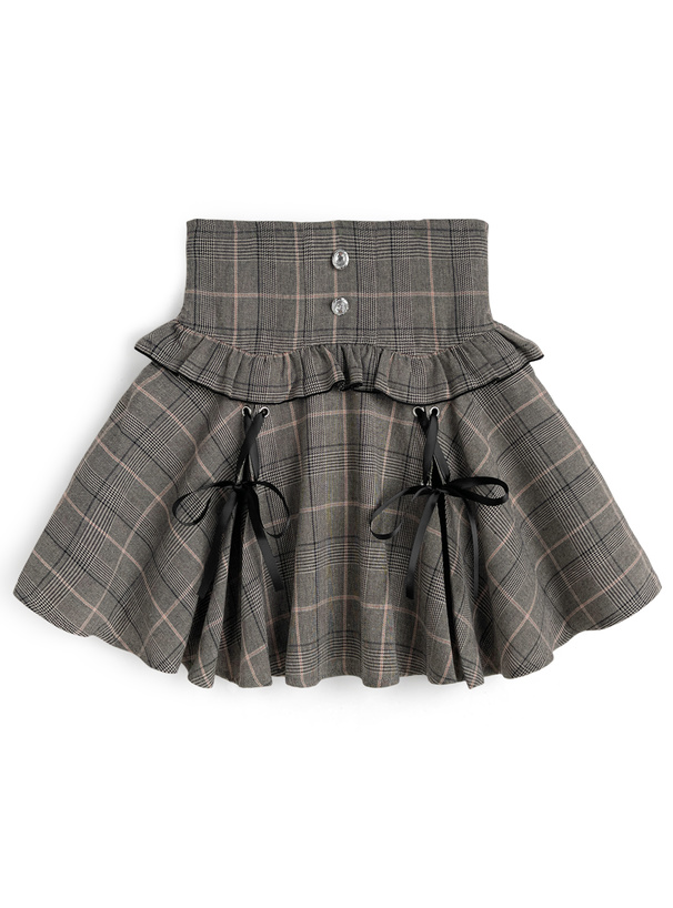 チェック柄ダブルリボンフリルミニフレアスカート[za019a]