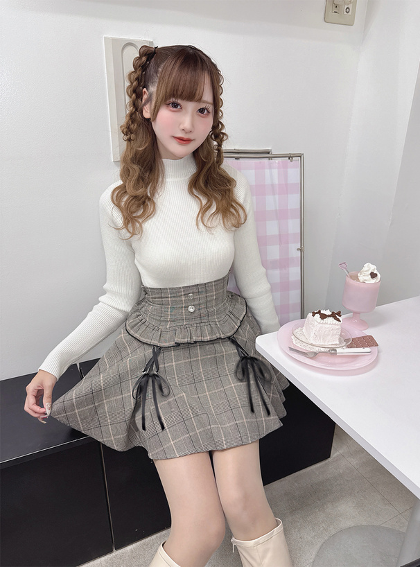 LIZ LISA チェック柄リボン付きフレアスカート 薄手ツイード 千鳥格子