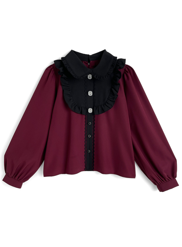 配色レースフリルビジューブラウス[za021]