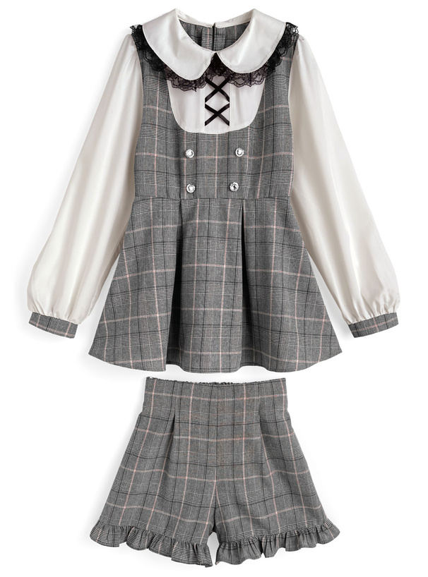 チェック柄レイヤード風チュニック×フリルショートパンツセットアップ[za022]