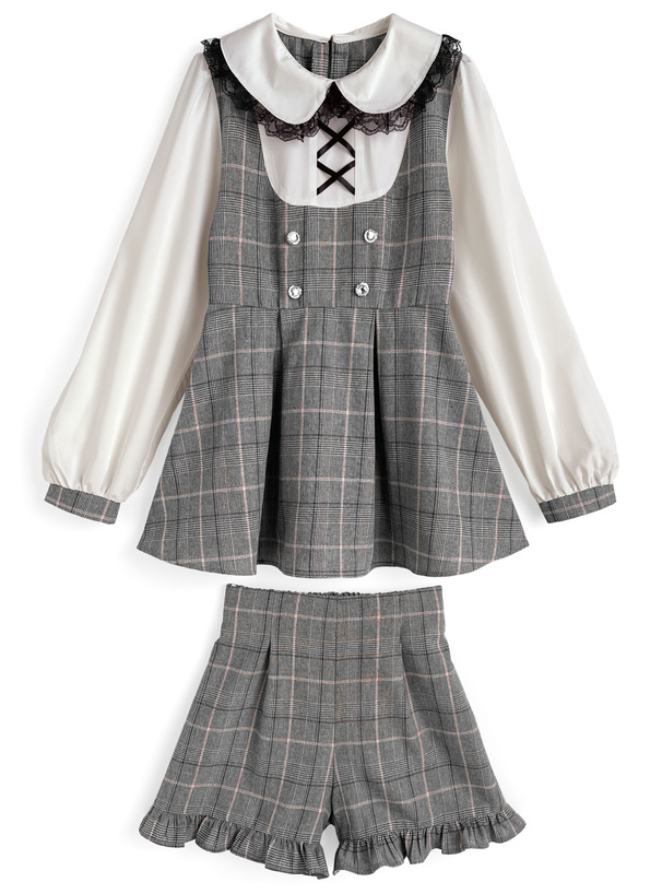 チェック柄レイヤード風チュニック×フリルショートパンツセットアップ