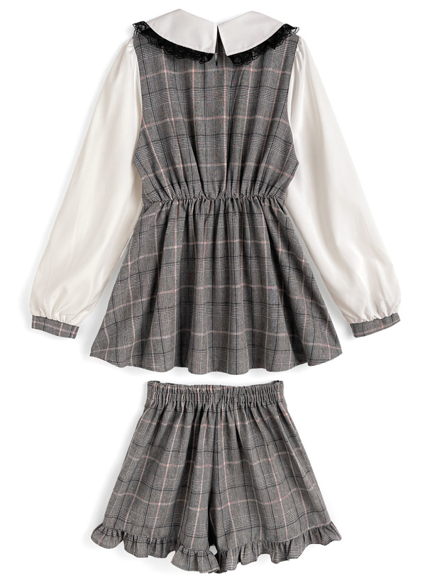 チェック柄レイヤード風チュニック×フリルショートパンツセットアップ