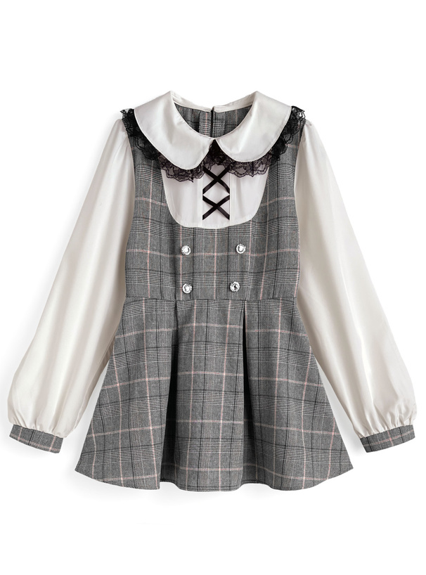チェック柄レイヤード風チュニック×フリルショートパンツセットアップ