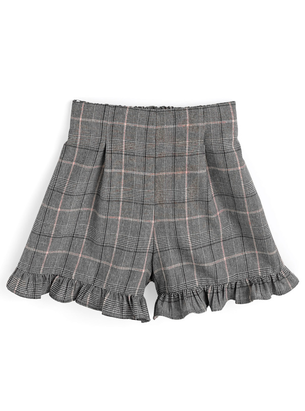 チェック柄レイヤード風チュニック×フリルショートパンツセットアップ