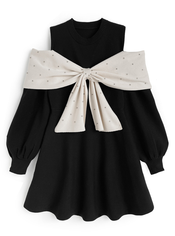 オープンショルダーラインストーンリボンニットミニワンピース[za023]