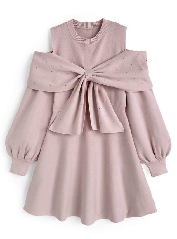 オープンショルダーラインストーンリボンニットミニワンピース