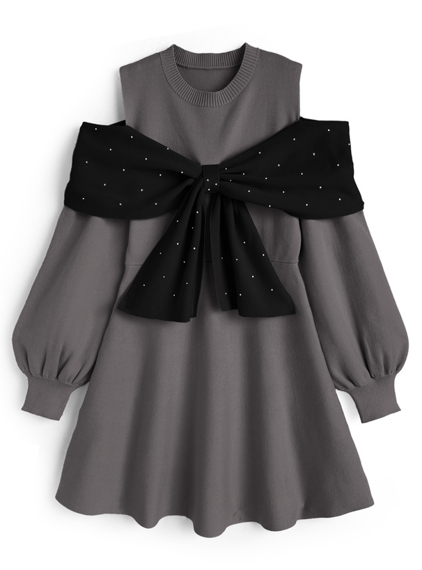 オープンショルダーラインストーンリボンニットミニワンピース