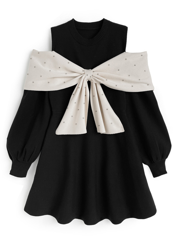 オープンショルダーラインストーンリボンニットミニワンピース