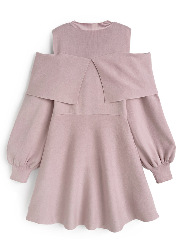 オープンショルダーラインストーンリボンニットミニワンピース