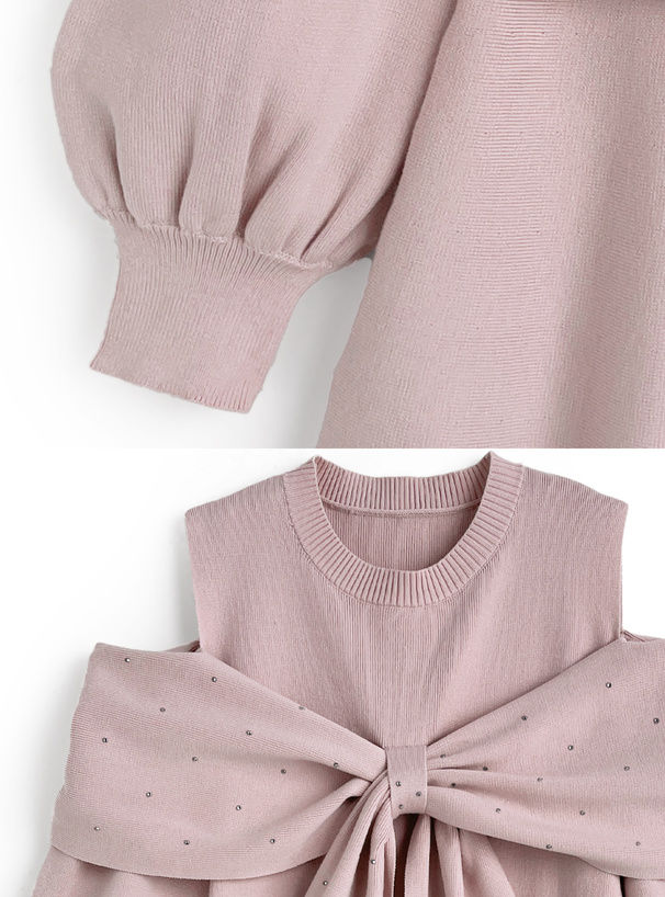 オープンショルダーラインストーンリボンニットミニワンピース