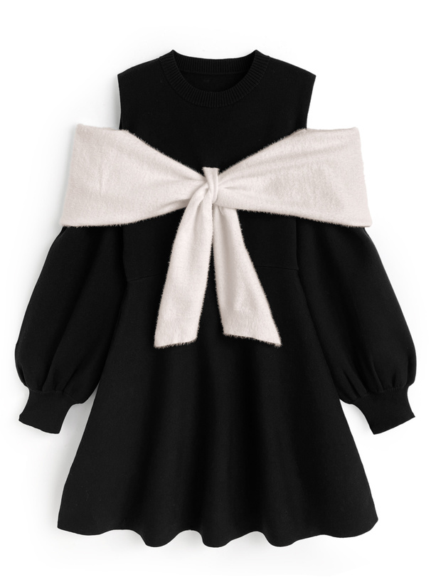 オープンショルダーシャギーリボンニットミニワンピース