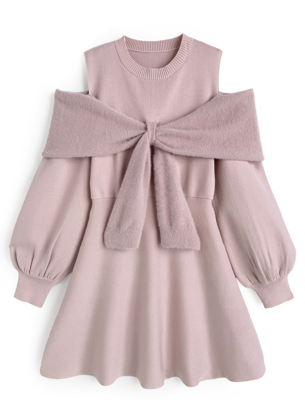 オープンショルダーシャギーリボンニットミニワンピース