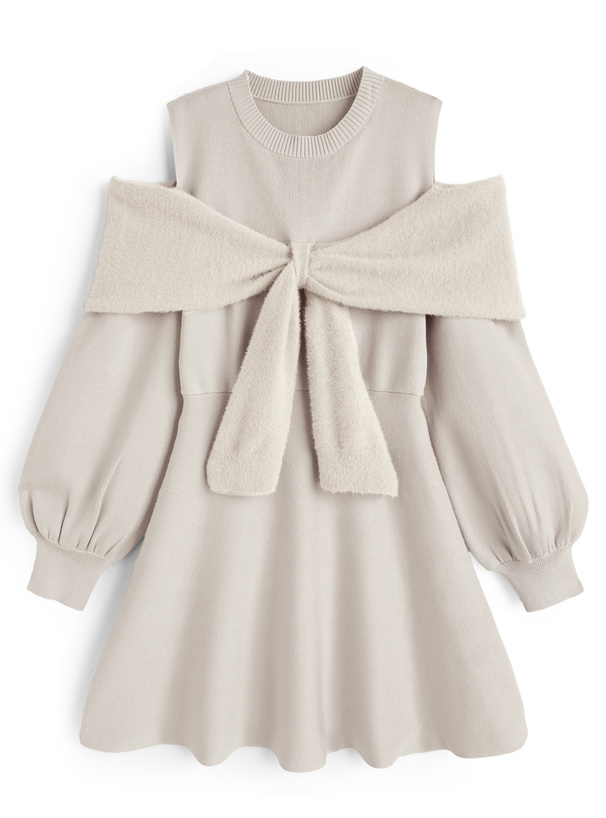 オープンショルダーシャギーリボンニットミニワンピース[za023a