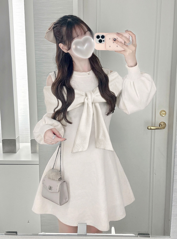 オープンショルダーシャギーリボンニットミニワンピース[za023a