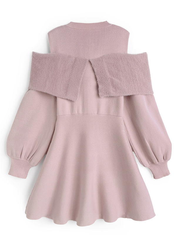 オープンショルダーシャギーリボンニットミニワンピース