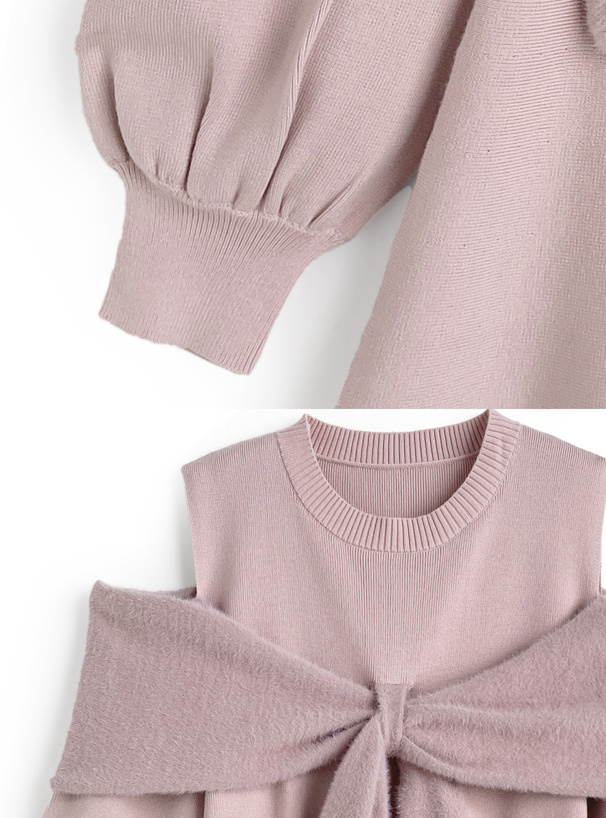 オープンショルダーシャギーリボンニットミニワンピース