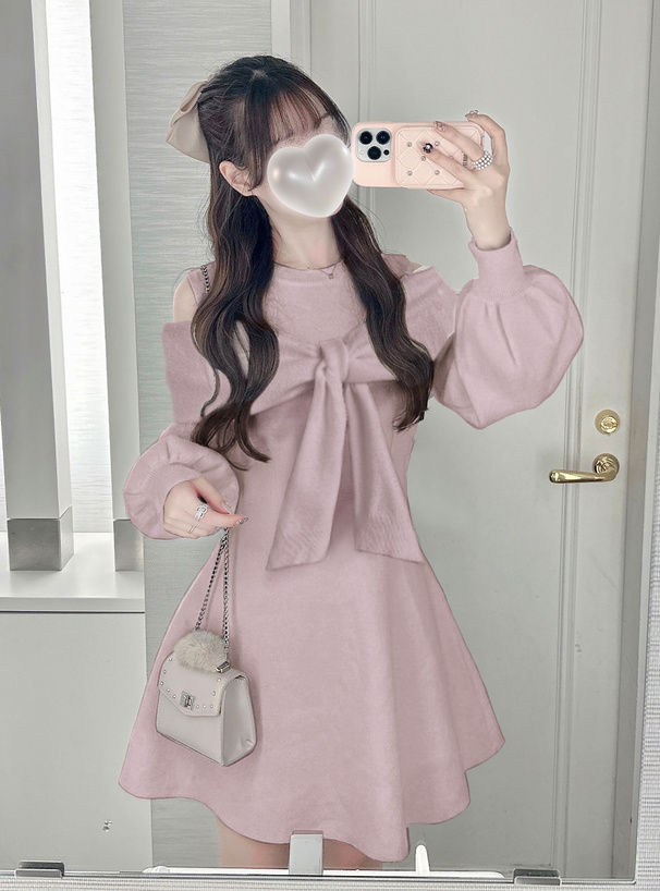 オープンショルダーシャギーリボンニットミニワンピース