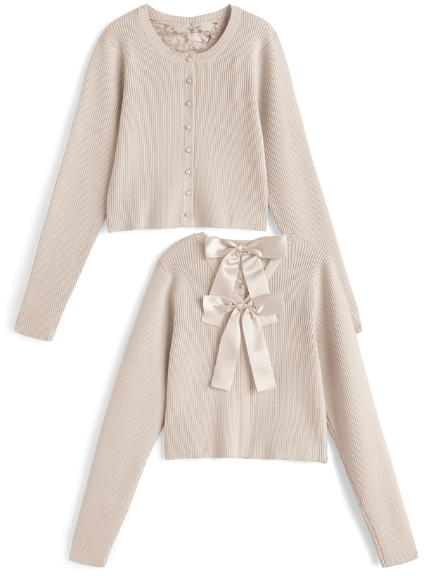 バックレースリボンリブニットカーディガン