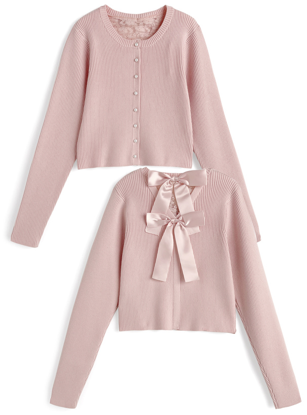 バックレースリボンリブニットカーディガン