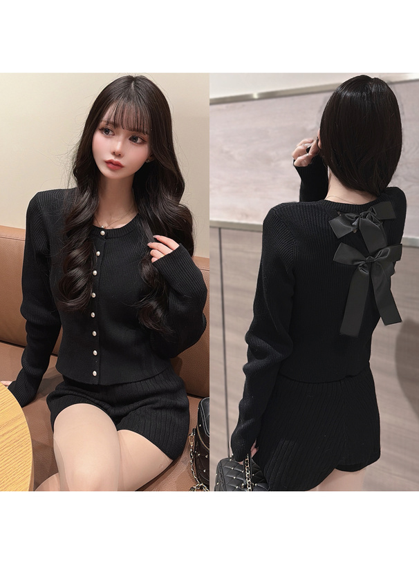 バックレースリボンリブニットカーディガン