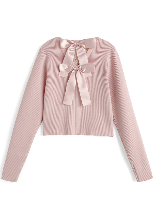 バックレースリボンリブニットカーディガン