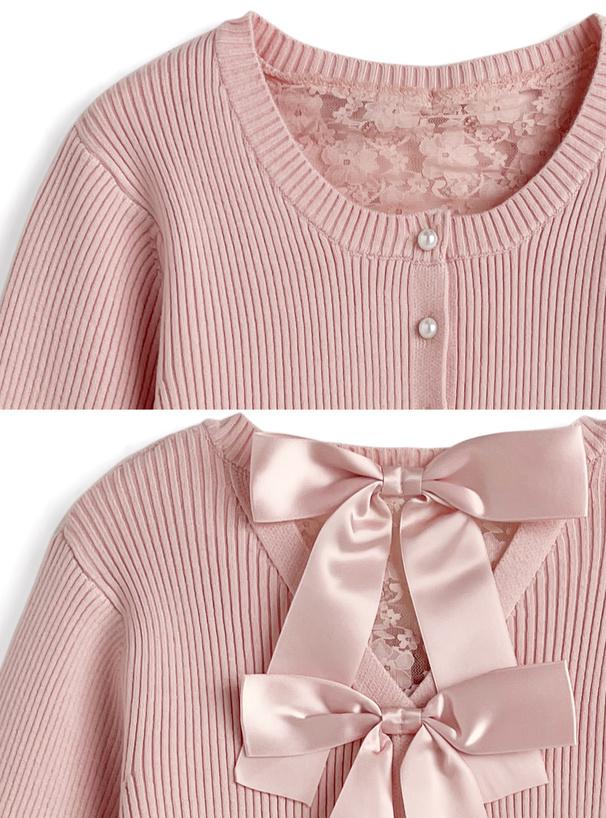 バックレースリボンリブニットカーディガン