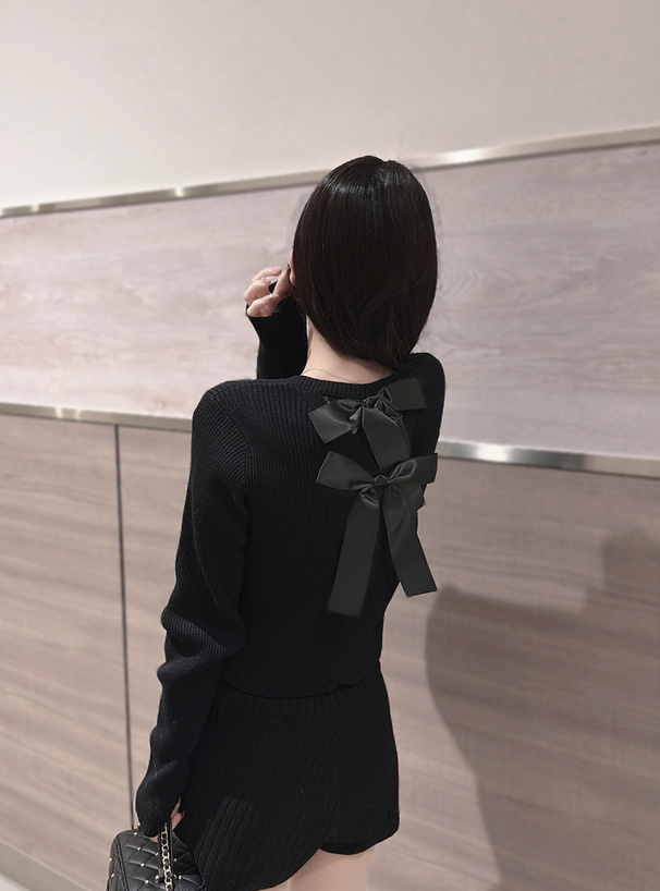 バックレースリボンリブニットカーディガン