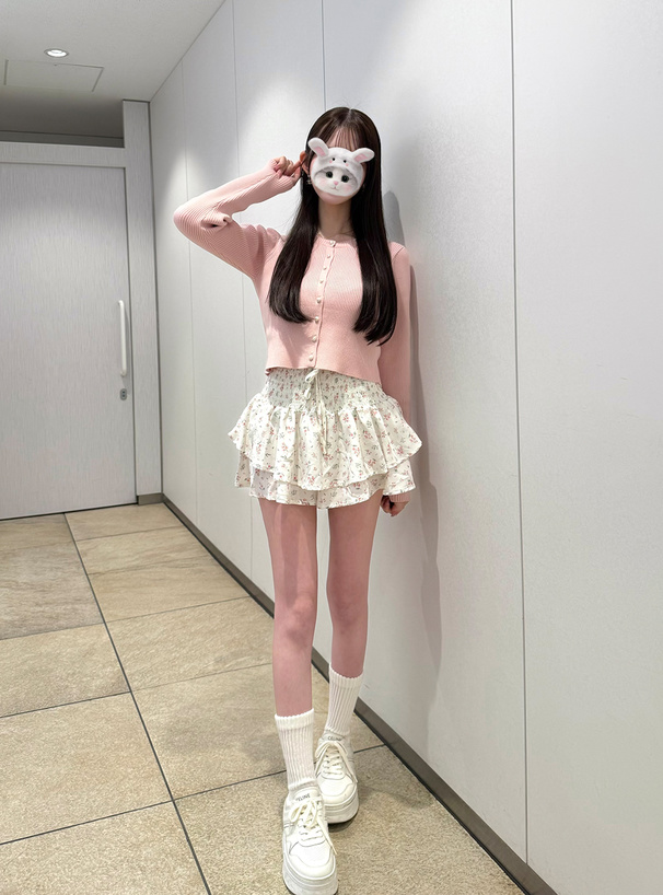 バックレースリボンリブニットカーディガン