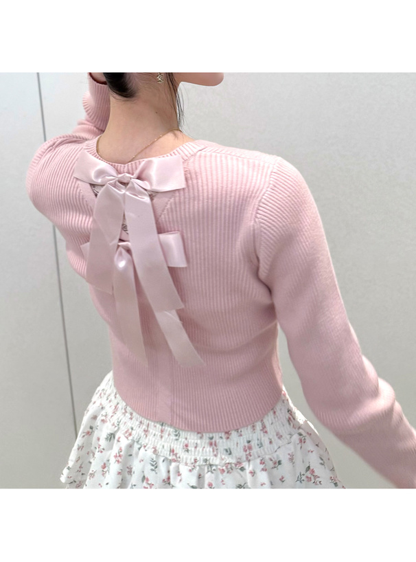 バックレースリボンリブニットカーディガン